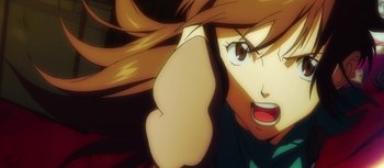 Movie still from “Evangelion: 3.0 You Can (Not) Redo” (2012), directed by Kiyotaka Suzuki – A woman's face with long brown hair; Close Up shot, Low angle