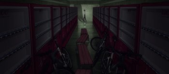 Movie still from “Evangelion: 3.0 You Can (Not) Redo” (2012), directed by Kiyotaka Suzuki – Many bicycles in a room; Extreme Wide shot, High angle