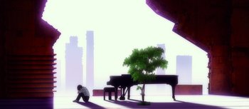 Movie still from “Evangelion: 3.0 You Can (Not) Redo” (2012), directed by Kiyotaka Suzuki – A man sitting on the ground next to a piano; Extreme Wide shot, Low angle