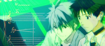 Movie still from “Evangelion: 3.0 You Can (Not) Redo” (2012), directed by Kiyotaka Suzuki – An animated picture of a man with spiky white hair; Extreme Close Up shot, Overhead angle