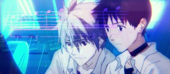 Movie still from “Evangelion: 3.0 You Can (Not) Redo” (2012), directed by Kiyotaka Suzuki – A couple of people that are looking at the camera; Extreme Close Up shot, Overhead angle