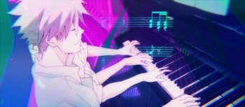 Movie still from “Evangelion: 3.0 You Can (Not) Redo” (2012), directed by Kiyotaka Suzuki – A person playing a piano in front of musical notes; Extreme Close Up shot, Overhead angle