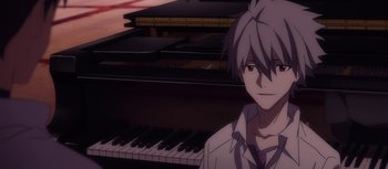 Movie still from “Evangelion: 3.0 You Can (Not) Redo” (2012), directed by Kiyotaka Suzuki – A man sitting in front of a grand piano; Close Up shot, High angle