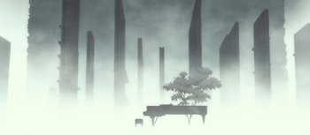 Movie still from “Evangelion: 3.0 You Can (Not) Redo” (2012), directed by Kiyotaka Suzuki – An image of a tree in the middle of a foggy city; Extreme Wide shot, Low angle