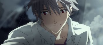 Movie still from “Evangelion: 3.0 You Can (Not) Redo” (2012), directed by Kiyotaka Suzuki – A person wearing a white shirt with red eyes; Close Up shot, Low angle