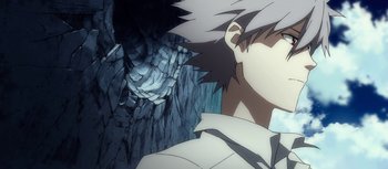 Movie still from “Evangelion: 3.0 You Can (Not) Redo” (2012), directed by Kiyotaka Suzuki – An animated scene of a man and a dragon; Close Up shot, Low angle