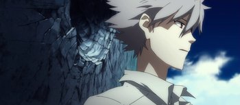 Movie still from “Evangelion: 3.0 You Can (Not) Redo” (2012), directed by Kiyotaka Suzuki – An animated scene of a person with a dragon; Close Up shot, Low angle