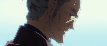 Movie still from “Evangelion: 3.0 You Can (Not) Redo” (2012), directed by Kiyotaka Suzuki – View of a man's face in a cartoon style; Extreme Close Up shot, Low angle