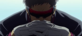Movie still from “Evangelion: 3.0 You Can (Not) Redo” (2012), directed by Kiyotaka Suzuki – A person's face with a blindfold covering their eyes; Close Up shot, Low angle