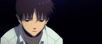 Movie still from “Evangelion: 3.0 You Can (Not) Redo” (2012), directed by Kiyotaka Suzuki – A person wearing a white jacket; Close Up shot, Low angle