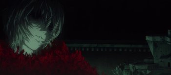 Movie still from “Evangelion: 3.0 You Can (Not) Redo” (2012), directed by Kiyotaka Suzuki – A person with long black hair and red flowers; Extreme Close Up shot, Low angle