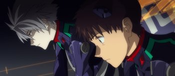 Movie still from “Evangelion: 3.0 You Can (Not) Redo” (2012), directed by Kiyotaka Suzuki – A person with a helmet on; Close Up shot, Low angle