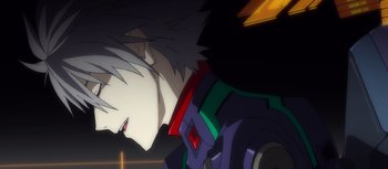 Movie still from “Evangelion: 3.0 You Can (Not) Redo” (2012), directed by Kiyotaka Suzuki – A person's face in a dark room; Extreme Close Up shot, Overhead angle