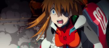 Movie still from “Evangelion: 3.0 You Can (Not) Redo” (2012), directed by Kiyotaka Suzuki – A person with long brown hair; Close Up shot, Low angle