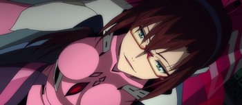 Movie still from “Evangelion: 3.0 You Can (Not) Redo” (2012), directed by Kiyotaka Suzuki – A person wearing glasses and a pink shirt; Close Up shot, Overhead angle