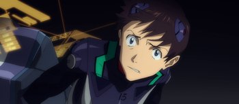 Movie still from “Evangelion: 3.0 You Can (Not) Redo” (2012), directed by Kiyotaka Suzuki – A person with a helmet on; Close Up shot, Low angle