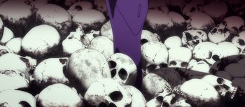 Movie still from “Evangelion: 3.0 You Can (Not) Redo” (2012), directed by Kiyotaka Suzuki – A man standing in a pile of skulls; Wide shot, Low angle