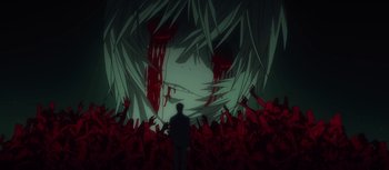 Movie still from “Evangelion: 3.0 You Can (Not) Redo” (2012), directed by Kiyotaka Suzuki – A man standing in front of a crowd of zombies; Extreme Wide shot, Over the shoulder angle
