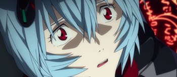 Movie still from “Evangelion: 3.0 You Can (Not) Redo” (2012), directed by Kiyotaka Suzuki – View of a person's face with blue hair; Extreme Close Up shot, Overhead angle