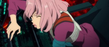 Movie still from “Evangelion: 3.0 You Can (Not) Redo” (2012), directed by Kiyotaka Suzuki – A pink haired anime girl is crying in the dark; Close Up shot, Low angle