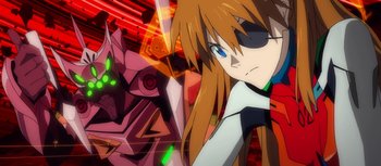 Movie still from “Evangelion: 3.0 You Can (Not) Redo” (2012), directed by Kiyotaka Suzuki – A girl in a red and white outfit; Close Up shot, Over the shoulder angle