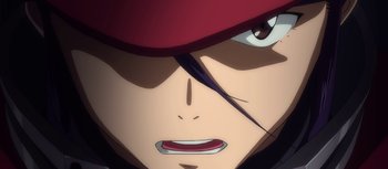 Movie still from “Evangelion: 3.0 You Can (Not) Redo” (2012), directed by Kiyotaka Suzuki – View of the face of a person with a red hat; Extreme Close Up shot, Low angle