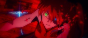 Movie still from “Evangelion: 3.0 You Can (Not) Redo” (2012), directed by Kiyotaka Suzuki – A man with red hair and green eyes; Extreme Close Up shot, Low angle