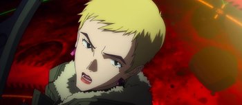 Movie still from “Evangelion: 3.0 You Can (Not) Redo” (2012), directed by Kiyotaka Suzuki – An animated person with blonde hair and a fur coat; Close Up shot, High angle