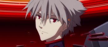 Movie still from “Evangelion: 3.0 You Can (Not) Redo” (2012), directed by Kiyotaka Suzuki – An anime character with red eyes is looking into the camera; Close Up shot, Low angle