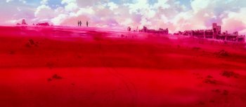 Movie still from “Evangelion: 3.0 You Can (Not) Redo” (2012), directed by Kiyotaka Suzuki – A painting of people walking across a red beach; Extreme Wide shot, High angle