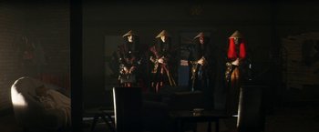 Movie still from “Everly” (2014), directed by Joe Lynch – A group of people dressed in samurai garb; Wide shot, Low angle