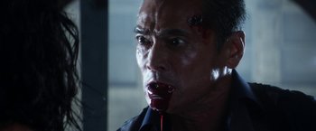Movie still from “Everly” (2014), directed by Joe Lynch – A person with blood on his face; Close Up shot, Low angle