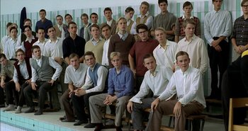 Movie still from “Evil” (2003), directed by Mikael Håfström – A group of young men sitting in front of each other; Wide shot, Low angle