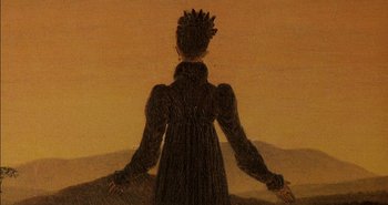 Movie still from “Evil” (2003), directed by Mikael Håfström – A painting of a woman in a black dress looking out at the sky; Close Up shot, High angle