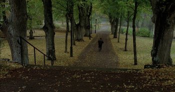 Movie still from “Evil” (2003), directed by Mikael Håfström – A person walking down a path in the woods; Extreme Wide shot, High angle