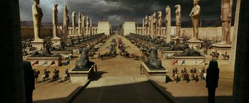 Movie still from “Exodus: Gods and Kings” (2014), directed by Ridley Scott – An image of an ancient egyptian scene with a lot of statues; Extreme Wide shot, High angle