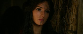 Movie still from “Exodus: Gods and Kings” (2014), directed by Ridley Scott – A beautiful woman with long black hair wearing a black dress; Close Up shot, Overhead angle