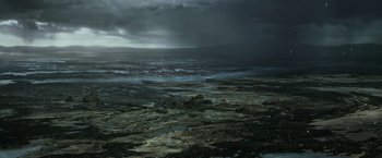 Movie still from “Exodus: Gods and Kings” (2014), directed by Ridley Scott – A view of the ocean from the top of a hill; Extreme Wide shot, High angle