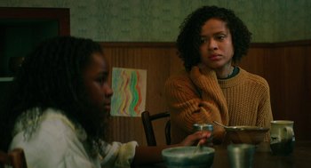 Movie still from “Fast Color” (2018), directed by Julia Hart – Two young women sitting at a table with a bowl of soup; Medium shot, Over the shoulder angle