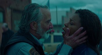 Movie still from “Fast Color” (2018), directed by Julia Hart – A man and a woman touching each other's lips; Close Up shot, Low angle