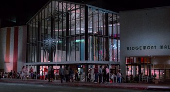 Movie still from “Fast Times at Ridgemont High” (1982), directed by Amy Heckerling – A group of people standing outside of a building at night; Extreme Wide shot, Low angle