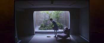 Movie still from “Ex Machina” (2014), directed by Alex Garland – A person standing in a room with a chair and a plant; Wide shot, Low angle