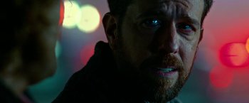 Movie still from “Father Figures” (2017), directed by Lawrence Sher – A person with a beard; Extreme Close Up shot, Over the shoulder angle