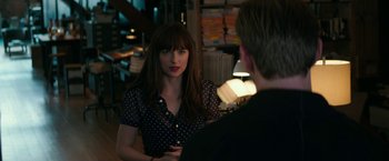 Movie still from “Fifty Shades Darker” (2017), directed by James Foley – A woman talking to a man in front of a lamp; Medium shot, Over the shoulder angle