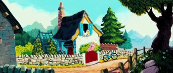 Movie still from “Filth” (2013), directed by Jon S. Baird – A painting of a house with a pig sticking its head out of the window; Extreme Wide shot, Low angle