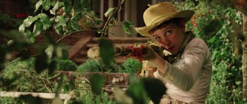 Movie still from “Finding Neverland” (2004), directed by Marc Forster – A woman in a straw hat holding onto a branch; Close Up shot, Over the shoulder angle