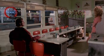 Movie still from “Five Easy Pieces” (1970), directed by Bob Rafelson – A man sitting at a long table in a restaurant; Wide shot, High angle