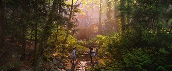 Movie still from “Good Boys” (2019), directed by Gene Stupnitsky – A group of people walking through a forest; Extreme Wide shot, High angle