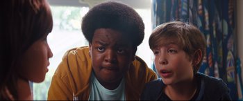 Movie still from “Good Boys” (2019), directed by Gene Stupnitsky – Two young boys standing next to each other in a room; Close Up shot, Low angle