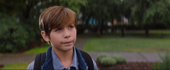 Movie still from “Good Boys” (2019), directed by Gene Stupnitsky – A young boy with brown hair and blue eyes looking at the camera; Close Up shot, High angle